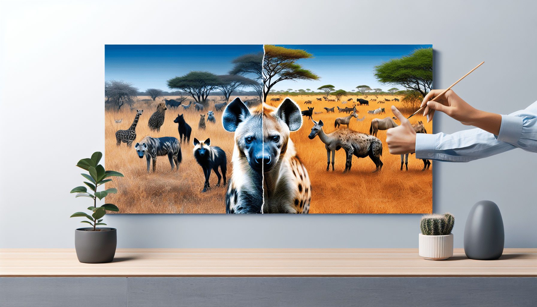 A visual representation of an African Savannah scene with a dominant focus on a hyena. The hyena is displayed in the center of the image to accentuate its uniqueness. On one side of the hyena, illustrate a canine-like animal to represent the 'dog' in question, subtly hinting at the similarity. On the other side, depict diverse fauna of the African Savannah, differentiating the hyena from them. Make sure there are no text, brand names, logos, or people in the scene.