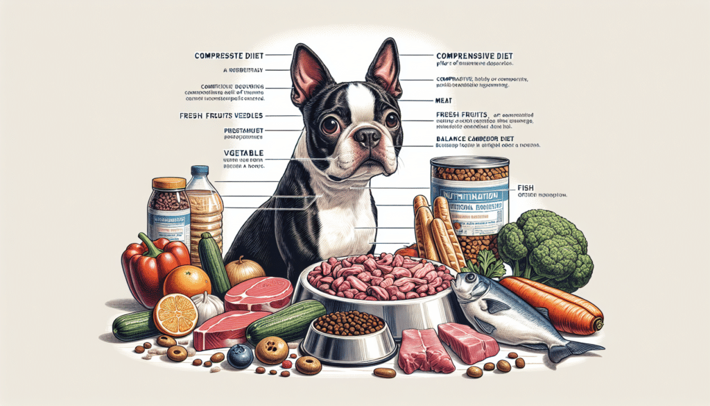 An illustrative guide depicting Boston Terrier nutritional requirements. The foreground shows a Boston Terrier engaging with a variety of healthy foods such as meat, fresh fruits, vegetables, and fish which are all scattered around. These pillars of a balanced canine diet are common and generic, without any association to a specific brand. Except for these, maintain an uncluttered background to keep the focus on the pet and its diet. This comprehensible illustration is to mark the importance of comprehensive diet for overall wellness of a Boston Terrier without the need of any textual description, human figures, or logos.
