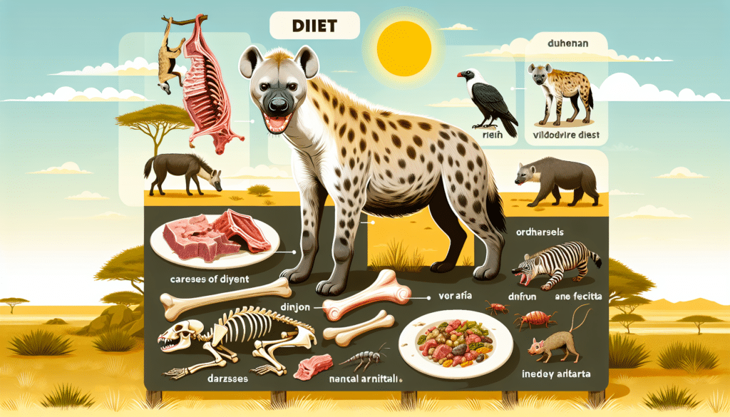 An educational illustration showcasing the diet of hyenas in the wild. Display a proud hyena standing next to various food sources typical in its diet, such as carcasses of various wild animals and insects, devoid of any text or brand names. The hyena should be in a savannah-like environment with the sun in the backdrop. It should be depicted in the act of gnawing on a bone, summarizing the theme without the use of text.