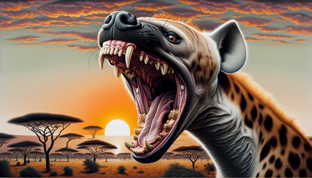 A vivid portrayal of a hyena in its natural habitat, an African savannah. The animal's lower and upper jaws are wide open, revealing large teeth, showcasing its powerful bite potential. Attention is particularly drawn to the exaggeration of the robustness and muscle definition around the hyena's jaw area. The backdrop shows the savannah with acacia trees and the rising sun in the horizon, but contains no human figures or text.