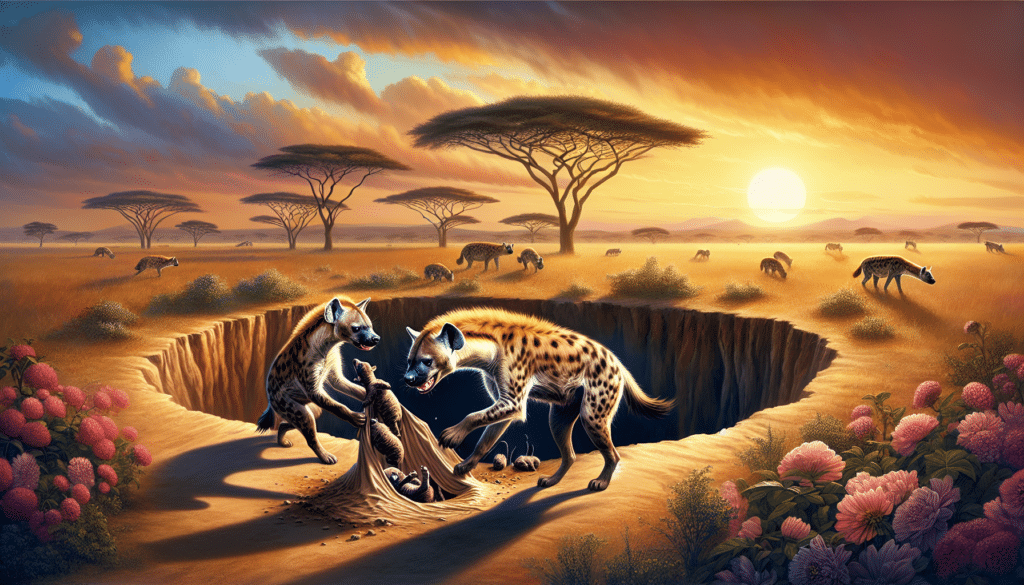 A visualization of an educational nature scene taking place in the African grasslands. In this proverbial moment, there are two spotted hyenas involved: one is creating a birthing den from the sun-dried earth, with its razor-like claws visible, while another is delivering cubs inside the already prepared den. Understanding their birth-giving process, depict the whole sequence safely but realistically. A gentle, setting sun sinks into the horizon, casting shadows on the scene, and distant acacia trees pepper the landscape. Keep in mind the atmosphere should be peaceful, yet intense, capturing the miracle and mystery of nature.