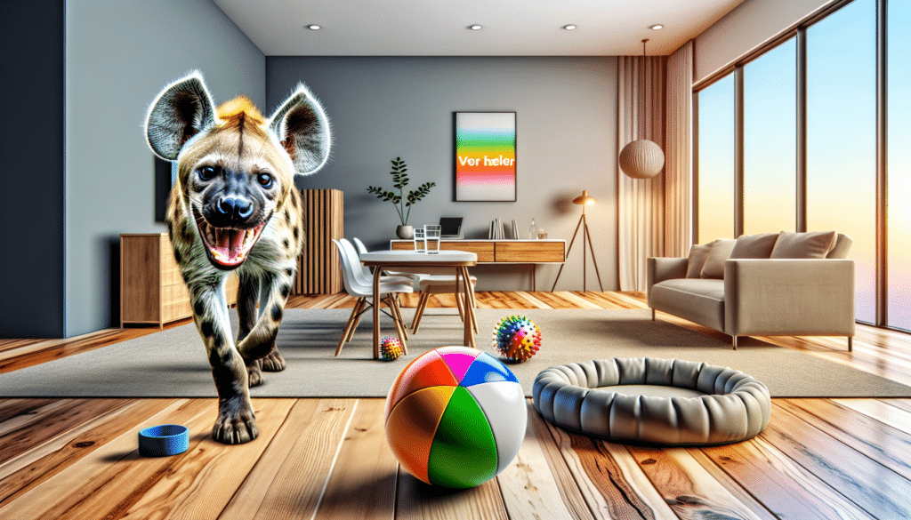 An image depicting a squeamish hyena indoors playing with a colorful generic non-branded ball, set in a room that hints at residential design, such as a living room or home office. This visualization will contrast the wild nature of the hyena with the domestic environment, subtly suggesting the challenging implications of the idea. There should be pet-related items, such as a water dish, chew toys, and a pet bed, strewn around, but without people, brand names or text. There shouldn't be any text or logos in the image.