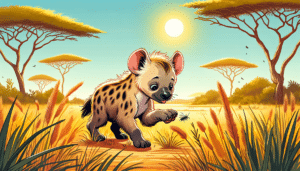 Illustration showcasing the life of a young hyena. In the wilderness, amongst tall grasses, a baby hyena is playfully exploring, sniffing out a bug. The juvenile animal's fluffy fur and cute, round ears clearly differentiate it from the adult version. The African savannah is visible in the background with acacia trees under the bright yellow sun. Please ensure no text, human figures, brand names or logos are visible in the image.