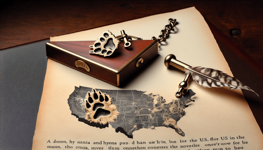 An image for an article about hyena ownership in the U.S. The image shows a cufflink map of the U.S. with a brass key over it. A hyena paw print is stamped on the map indicating a connection between the hyena and the U.S territory. On the side, there is a document with a feathered quill pen next to it, symbolizing the legal subject matter. No people, brands, or text appear within the scene.