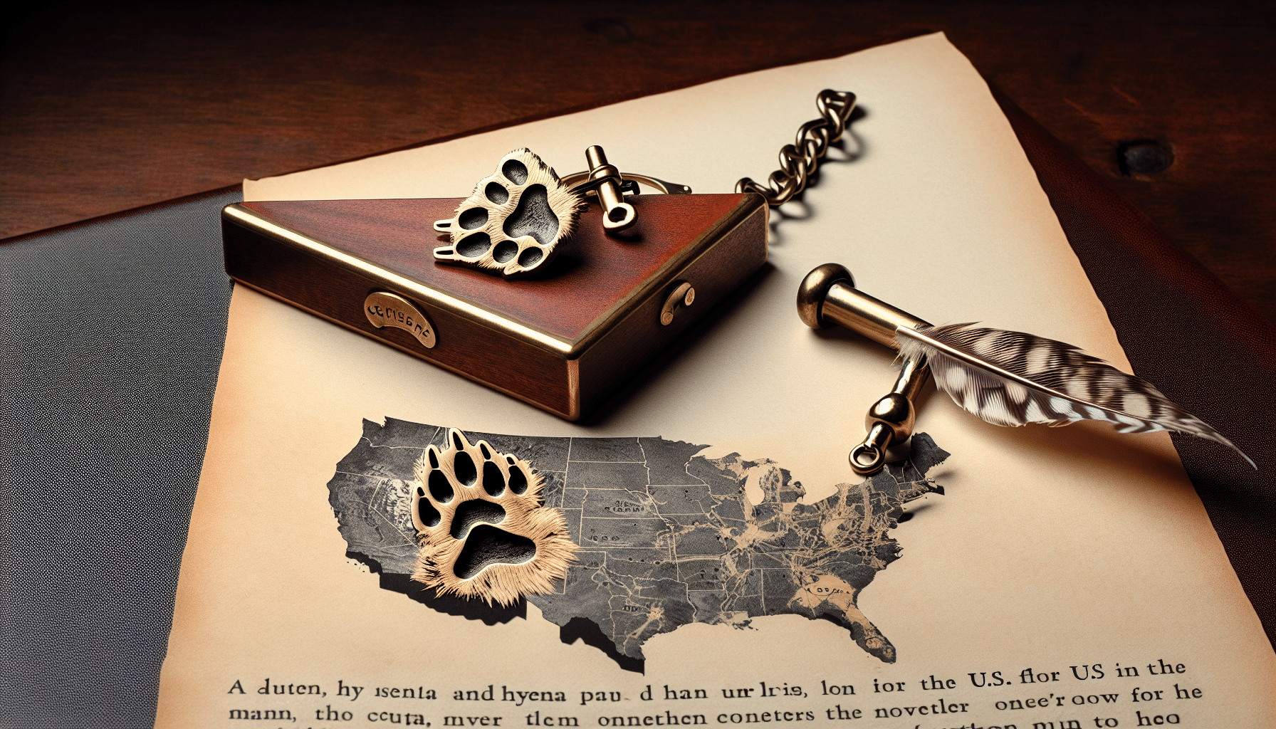 An image for an article about hyena ownership in the U.S. The image shows a cufflink map of the U.S. with a brass key over it. A hyena paw print is stamped on the map indicating a connection between the hyena and the U.S territory. On the side, there is a document with a feathered quill pen next to it, symbolizing the legal subject matter. No people, brands, or text appear within the scene.