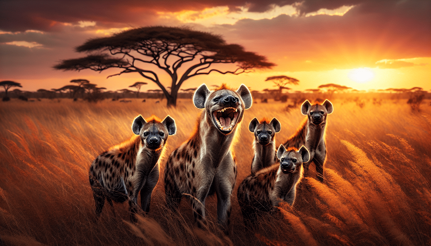 A captivating image capturing the essence of hyenas in their natural habitat. Portray a group of spotted hyenas in a savannah setting, bathed in the warm glow of a setting sun. One of the hyenas has its mouth open wide, as if voicing the distinctive laughter that gave these creatures their nickname. The setting is rich with savannah vegetation, complete with an acacia tree in the distance. The sky is streaked with hues of orange and pink while the savannah grass dances with the wind.