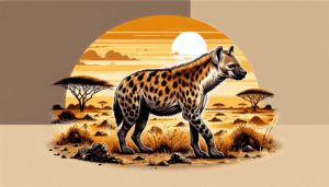 An illustrative and detailed representation of a hyena in its natural habitat. The hyena should be spotted variety, showcasing its unique physical characteristics, such as its brown and black spotted fur, round ears, strong jaw, humpbacked posture, and large, padded feet. The background should reflect a typical savannah environment with golden grasses, sparse acacia trees, and a warm setting sun dipping below the horizon. The image should be without any presence of humans, text, logos, or brand names.