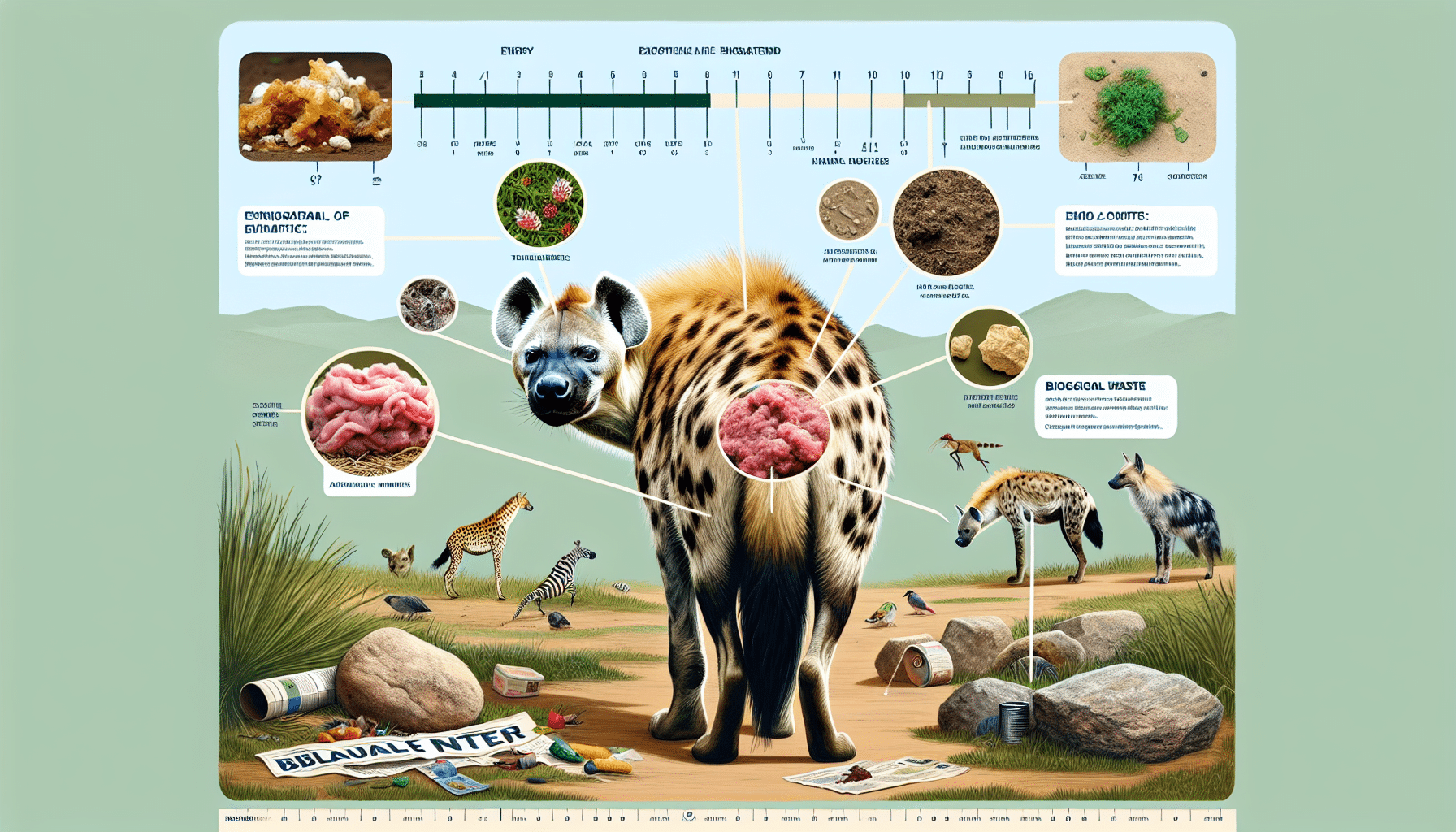 An informative, humorous image showcasing a hyena in its natural habitat, with emphasis on its posterior region. From a distance, some biological waste is visible, with nearby objects like rocks, grass, and small fauna for scale without explicit measurement indicators. Everything in the scene adheres to a natural environment with no human intervention, brand names, logos, text, or people. The visual style should stimulate curiosity and spark interest in the animal's lifestyle, emphasizing the biological and ecological aspects in a light-hearted way.