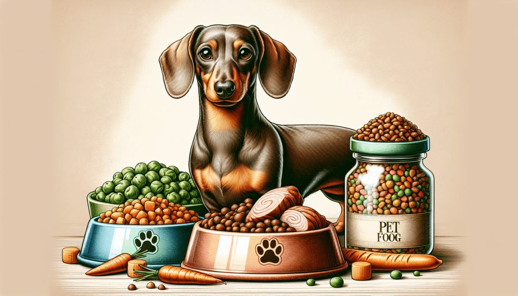 A detailed illustration of a healthy, well-groomed Miniature Dachshund standing near a selection of nutritious dog foods consisting of vegetables, proteins and grains. The food is presented in aesthetically pleasing pet dishes that are void of any branding or text. The food items should include a variety like carrots, peas, chicken, and bite-sized pieces of whole grain bread. The backdrop should be a simple, light-toned, and non-distracting. Remember, there should be no people, text, branding or logos present in the image.