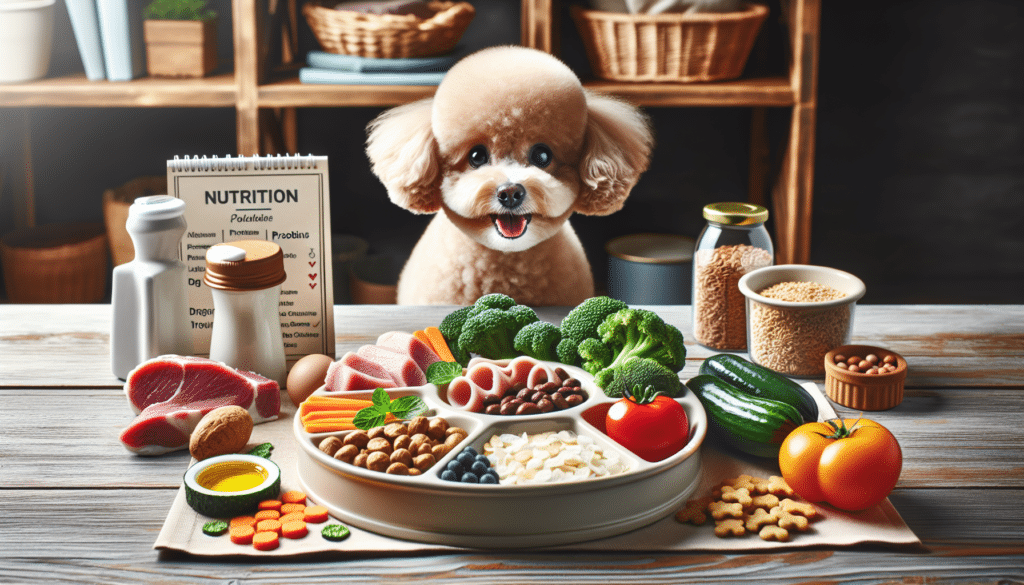 An informative image for a nutrition guide of Toy Poodles showing a balanced and healthy meal for the small breed dog. Depict an array of different foods beneficial for a Toy Poodle's diet such as fresh vegetables, lean proteins, whole grains, and Omega-3 fatty acids in a dog-safe bowl. Design the items like a nicely presented dog meal, but do not include brand logos or text on any of the items. Include an adorable Toy Poodle eagerly waiting beside the bowl, indicating its readiness to plunge into the meal. The setting should be a cozy home environment.