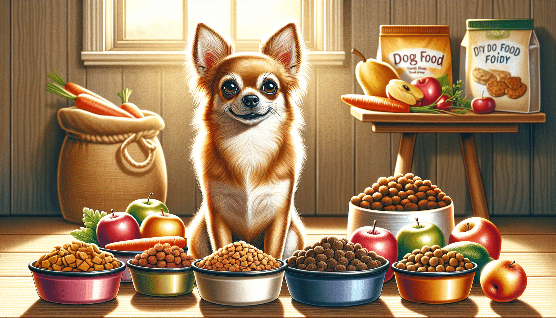 A detailed illustration of a healthy and happy light-brown Chihuahua dog sitting obediently next to various bowls filled with nutritious dog food. Foods displayed include a combination of fruits and vegetables, such as carrots and apples, protein sources like chicken and fish, and dry dog food kibble without any brand logos or names. Positioned in a cozy indoor setting with a warm glow emanating from a nearby window. The environment is calm and peaceful, emphasizing the fact that a proper diet contributes to the well-being of this tiny dog breed.