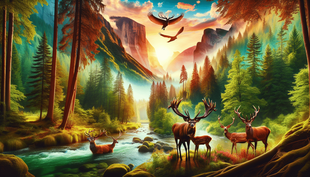 Create an image capturing the essence of wildlife and nature by focusing on a set of beautiful red deer in a breathtaking forest landscape. The animals should be healthy and robust, hinting at the strength and resilience they possess. The scenery accompanying the deer should portray a serene and tranquil environment, showcasing the beauty of nature. Perhaps a meandering river, lush green trees, a vividly colored sunrise or sunset, and the various other details that fill the forest. No text, people, brand names, or logos should be in the image.