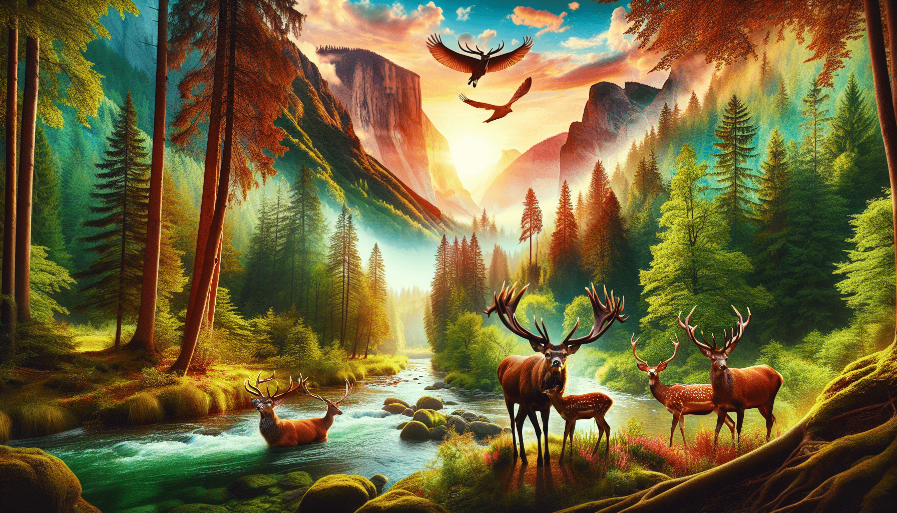 Create an image capturing the essence of wildlife and nature by focusing on a set of beautiful red deer in a breathtaking forest landscape. The animals should be healthy and robust, hinting at the strength and resilience they possess. The scenery accompanying the deer should portray a serene and tranquil environment, showcasing the beauty of nature. Perhaps a meandering river, lush green trees, a vividly colored sunrise or sunset, and the various other details that fill the forest. No text, people, brand names, or logos should be in the image.