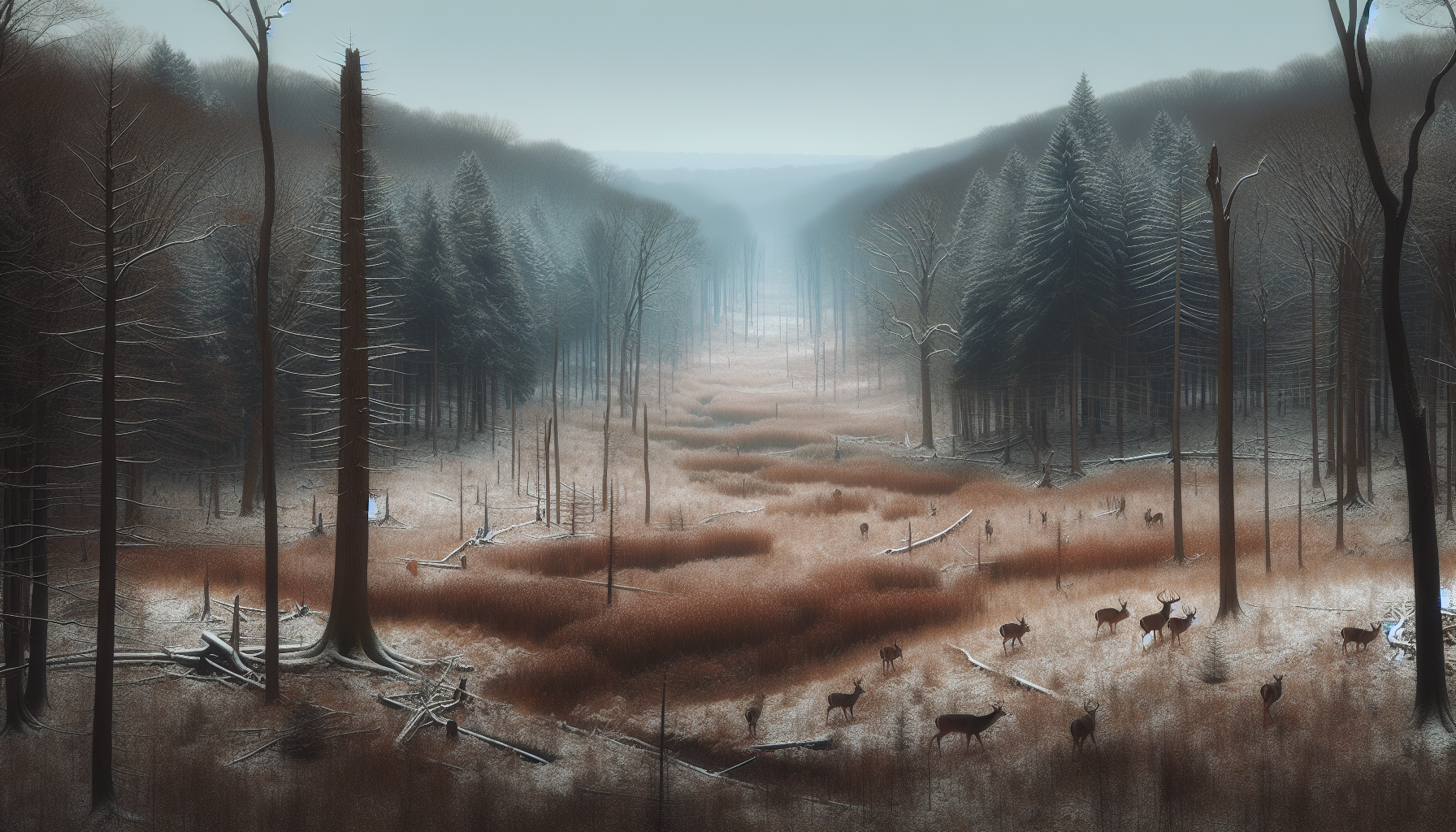 An expansive, lightly snow-dusted forest in the heart of Ohio during the late fall season. The overcast sky lends a muted tone to the landscape. The scene is void of human presence, highlighting the tranquility of the wilderness. A small group of deer, gracefully grazing on patches of emerging spring grass, brings life to the image. At a distance, a herd of deer can be seen cautiously making its way through the woods, with a prominent buck leading the way. The overall atmosphere suggests a fragile eco-system, teetering amidst the looming threat of an EHD outbreak and possible shifts affecting local wildlife. No text, brand names, or logos are present in the image.
