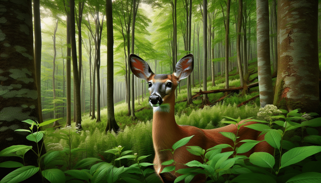 Capture the serene beauty of a West Virginia forest, showing the complexity of the local ecosystem. The main subject should be a Whitetail deer, a creature of incredible grace and agility. This alert, elegant creature should be positioned amongst lush vegetation, with its prominent ears facing forward as if it's picking up distant sounds. Pair this foreground with the backdrop of a dense forest filled with tall trees, their leaves green and healthy. There should be no text, brand names, logos, or people in the image. The overall scene will deliver a profound message about the importance of wildlife conservation.