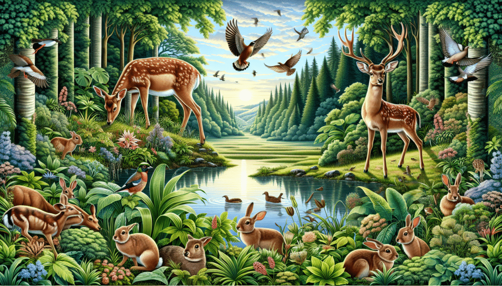 A detailed representation of a thriving wildlife scene. Two deer, one fully grown and one young fawn, stand by a lush green forest edge, grazing quietly. A majestic view of their natural habitat fills the background with vibrant plant species and a variety of birds. Include a river gently flowing in the distance, reflecting the break of dawn on its gentle ripples. By the river side, depict a group of rabbits and small woodland animals interacting peacefully. Ensure to capture a feeling of abundance, prosperity, and successful wildlife preservation initiatives. Do not add any humans, text or brand logos.