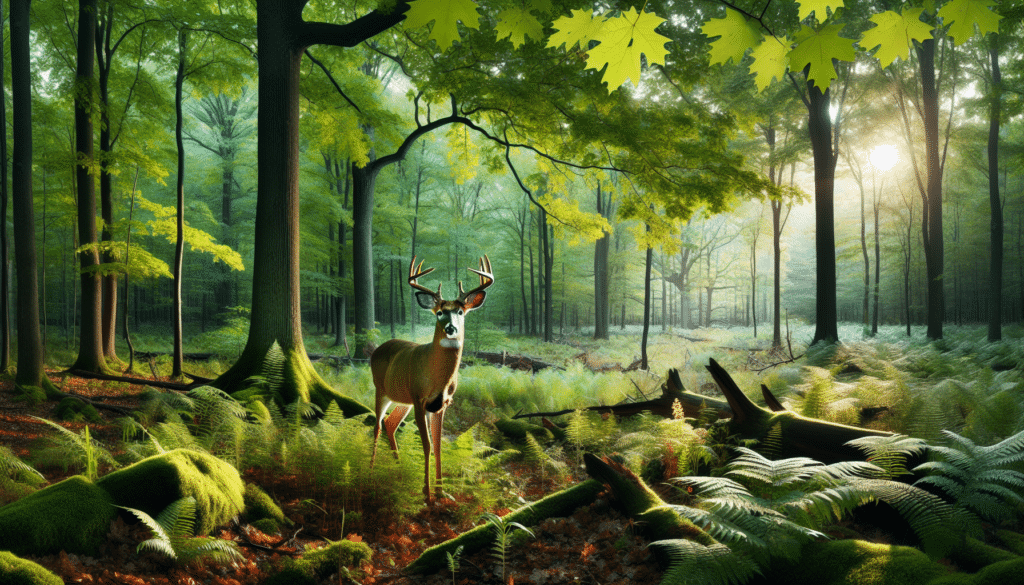 An image depicting a serene scene from the Michigan forest during daylight in the midst of the 2025 deer hunting season. Key elements to be conveyed are lush and vast greenery, with clusters of tall oak and maple trees. There are disarrayed fallen leaves on the ground, indicating the arrival of autumn. The star of the image is a majestic, full-grown buck standing alertly by the trees, its antlers standing tall and impressive. Do not include any visual representation of human presence or man-made brands or letters.