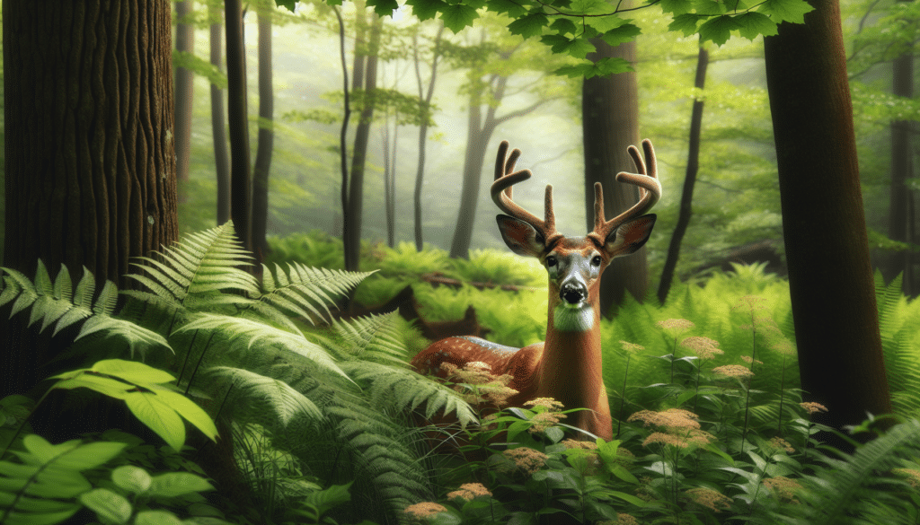 Create an exquisite wildlife image that captures the spirit of deer hunting in New Jersey. The main focus should be on the serene forest environments, inhabited by majestic deer, which represents the wildlife economy. Capture the deer amidst lush green foliage, looking alert and robust. Evoke a sense of the rich biodiversity of the region where deer hunting takes place. Ensure to depict the animals in a respectful manner and devoid of human presence. The image should not contain any text or brand logos, maintaining the purity of nature's beauty.