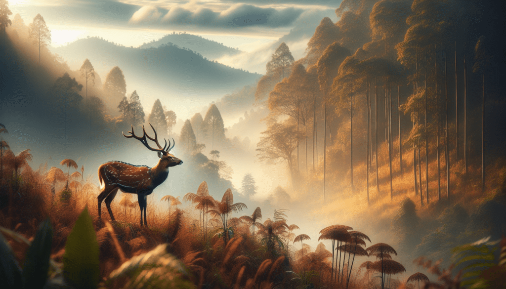 Create a high-resolution image reflecting professional wildlife photography themes. The image should be rich in natural scenery and feature deer as the primary subjects. Highlight aspects related to ethical hunting and wildlife transportation methods by illustrating indirect elements such as safe distances, minimal disturbances, and natural habitats free from human interference. The focus should be on the deer thriving peacefully in their environment, while also subtly underlining human respect for these species in hunting practices. Ensure no people, text, brand names, or logos are visible in the image.