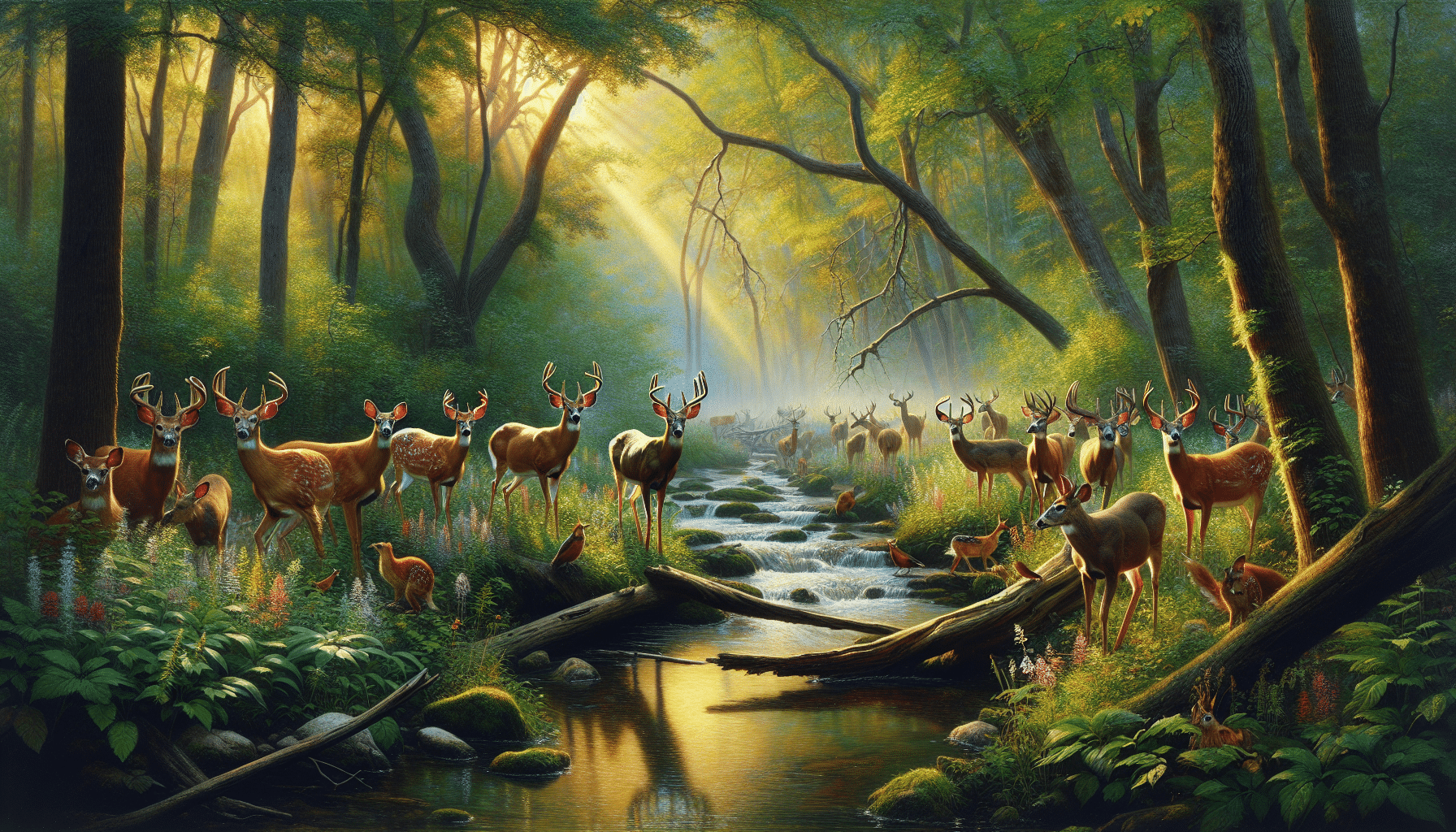 An idyllic nature scene at Rydell Wildlife Refuge that anticipates a 30-year connection to inclusive deer hunting without any humans present. Emphasize a group of deer gathered near a bubbling creek, their antlers catching the light from the rising sun piercing through the dense foliage. Ensure the surroundings possess a healthy, thriving ecosystem with vibrant green trees, colorful wildflowers, and other various wildlife like squirrels, foxes, and birds scattered around the scene. No positions of human interference, no text, no logos or brand names are visible in the undisturbed environment.