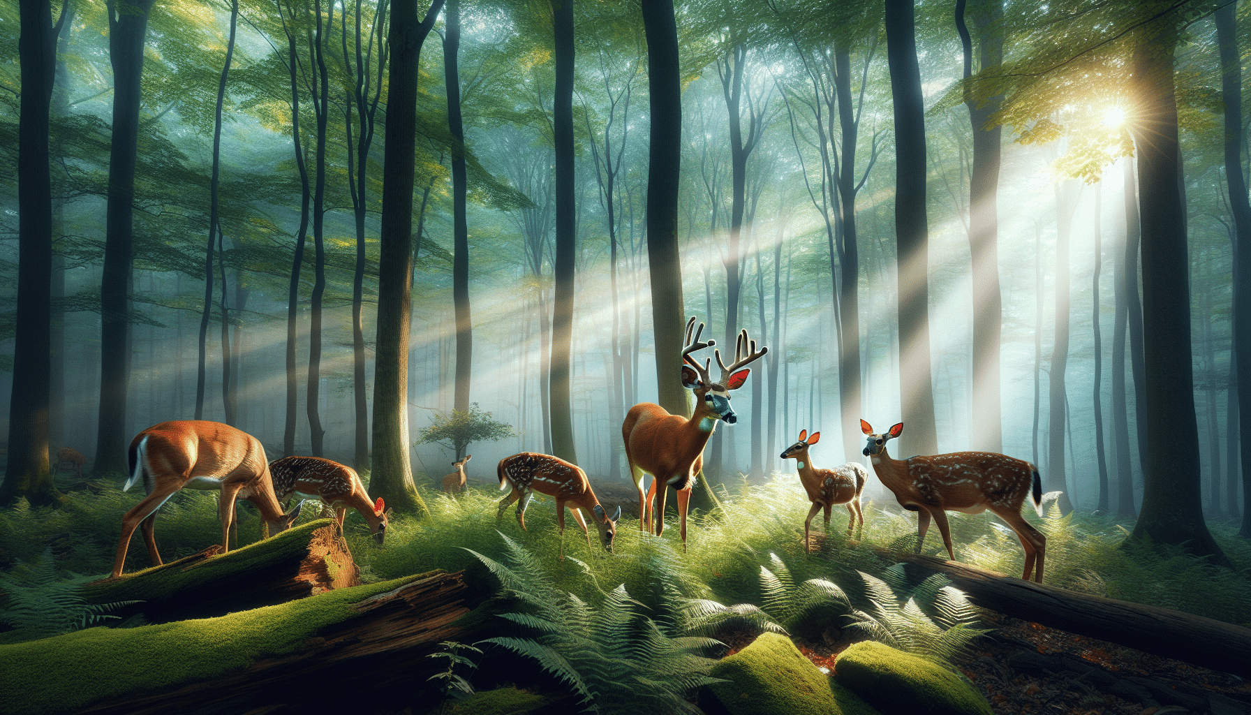 Produce a captivating wildlife image highlighting the deer. The scene should capture the serene nature of Pennsylvania's forests. The focus should be on a family of deer, roaming free in their natural habitat with the lush greenery and the sequence of the trees serving as a beautiful backdrop. A deer could be seen grazing, while the others roam or prance about. It's the start of a new day, with the morning sun casting ethereal rays of light through the dense canopy. No humans, brand logos, or text should appear in the picture.