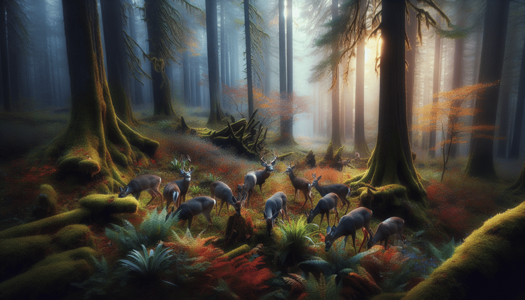 An exceptionally high-quality, professional wildlife photograph highlighting the serene beauty of Oregon's forests. The focus is on a stable of deer foraging through the deciduous forest floor, shrouded in the soft, fading light of fall. Their vibrant and healthy appearance suggests an abundant hunting season. Around them, various native flora and fauna display the cascading color changes typical of the season. The setting portrays an untouched wilderness, free of any human presence, logos, or branding. The audience should be made to appreciate the natural beauty and tranquillity of the scene through this image.
