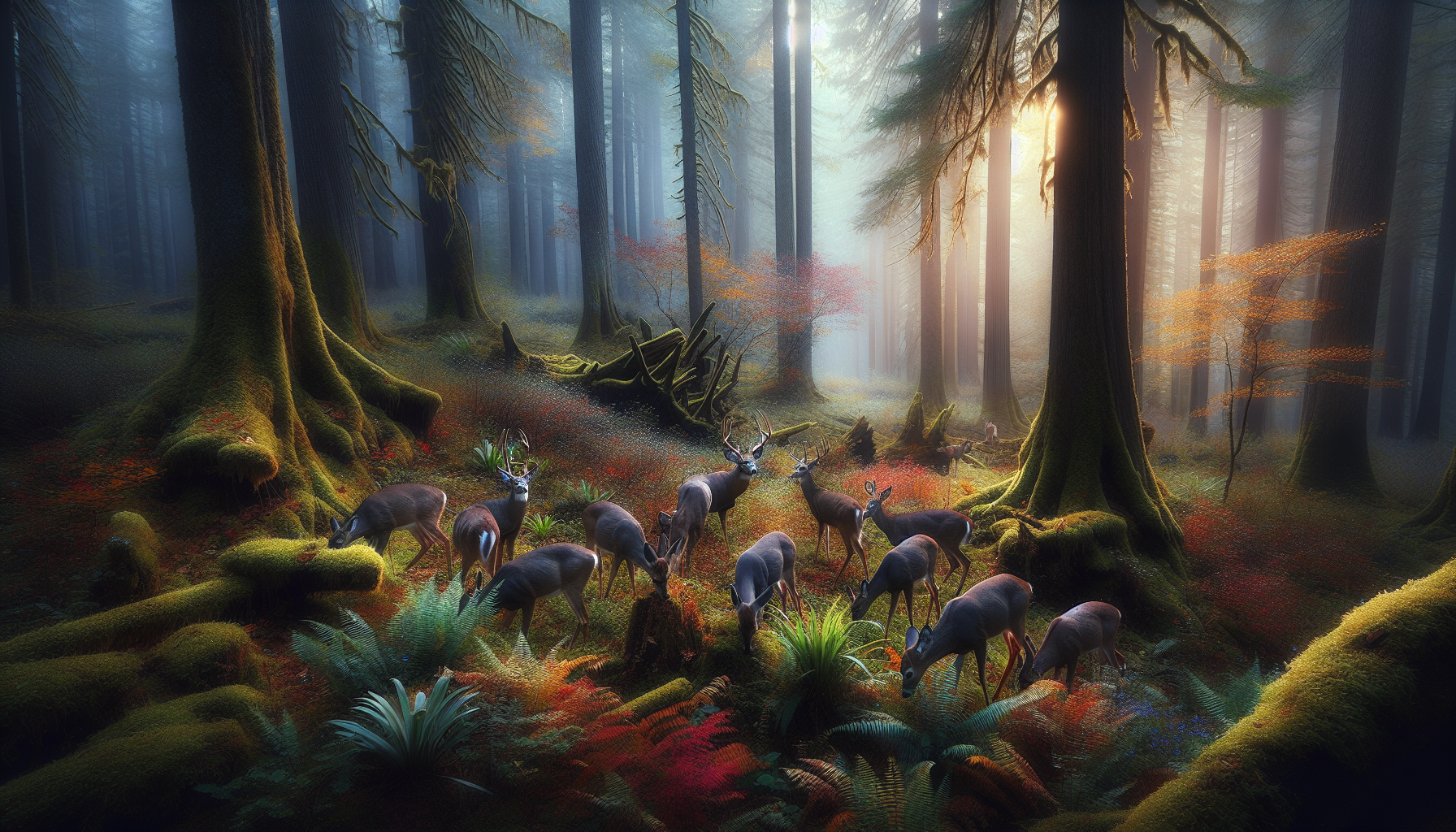 An exceptionally high-quality, professional wildlife photograph highlighting the serene beauty of Oregon's forests. The focus is on a stable of deer foraging through the deciduous forest floor, shrouded in the soft, fading light of fall. Their vibrant and healthy appearance suggests an abundant hunting season. Around them, various native flora and fauna display the cascading color changes typical of the season. The setting portrays an untouched wilderness, free of any human presence, logos, or branding. The audience should be made to appreciate the natural beauty and tranquillity of the scene through this image.
