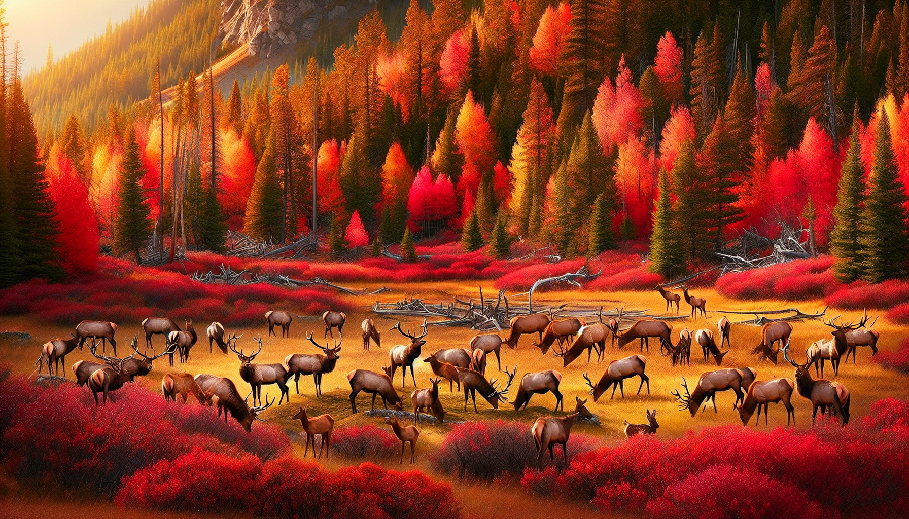 A breathtaking natural scene capturing the essence of wildlife populations thriving after a mild winter, especially highlighting deer and elk. The autumnal settings are beautifully reflected in the explosion of reds, oranges, and yellows that coat the trees and earth. Groups of healthy, majestic deer and elk can be seen grazing or perhaps even engaging in a friendly spar, their healthy bodies presenting witness to the favorable conditions. The scene is carefully devoid of any human presence, leaving nature to unapologetically proclaim its own story.