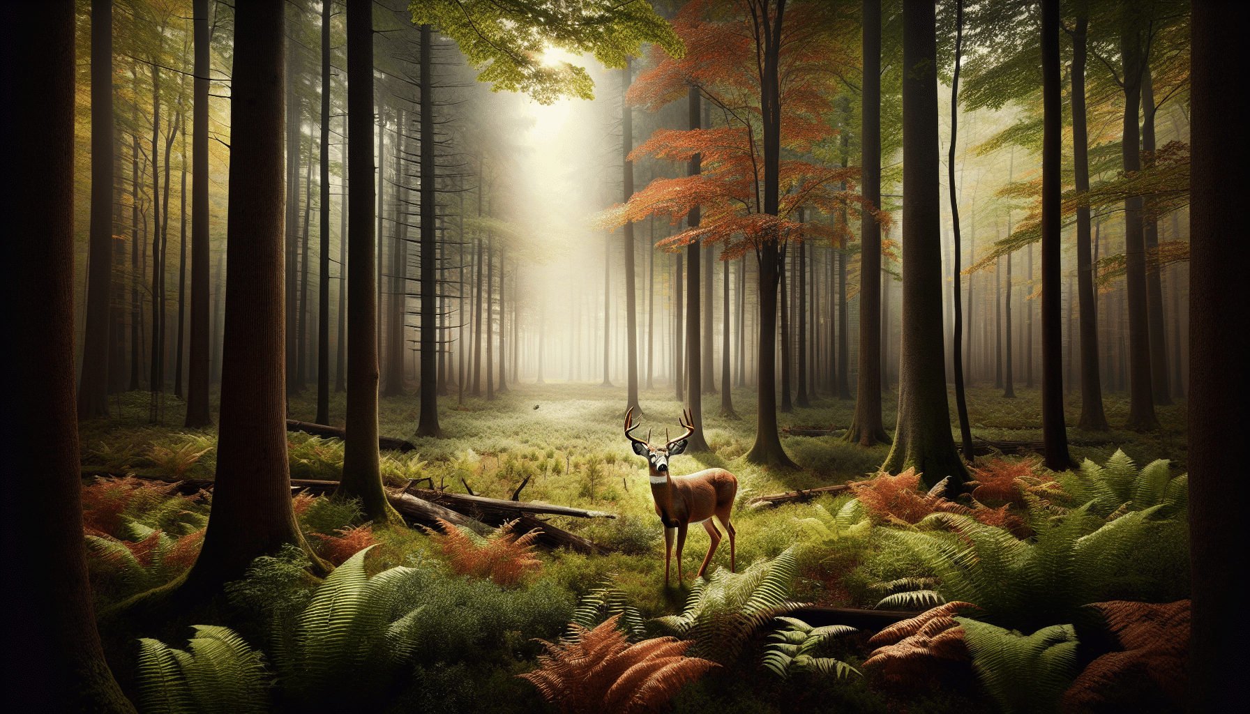 Imagine a captivating wildlife scene that would aptly accompany an article about deer mortality rates and wildlife trends. The scenario is vast and lush, displaying the abundant nature of a state reserve. The spotlight is on a deer, embodying the essence of this wildlife theme. It stands majestically amid tall trees, dwarfed by their towering grandeur. The understory is a mix of shrubs and ferns, marking a mix of greens that reflect the deer's natural habitat. Autumn leaves have started to fall, dotting the forest floor with fiery red and gold, enhancing the serene beauty of the scene. No human presence disturbs the solitude of this landscape, maintaining a strong focus on the essence of untouched nature.