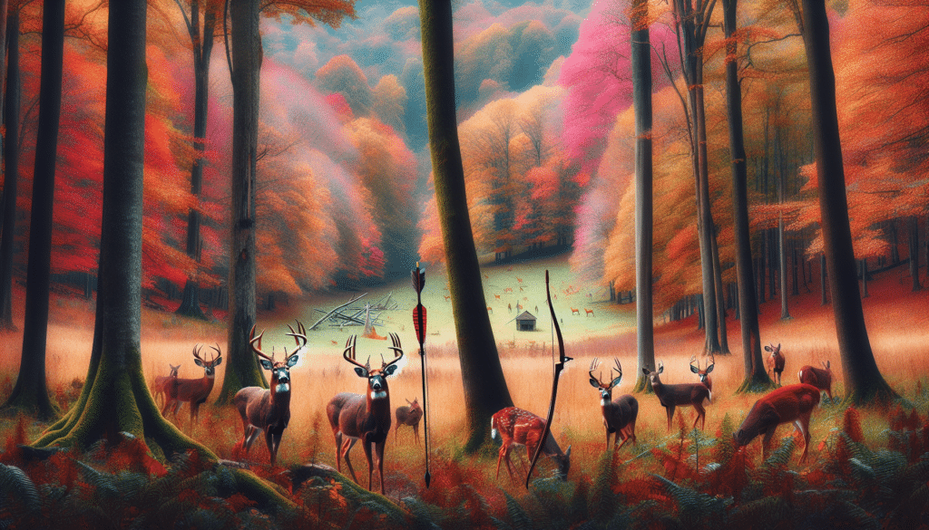 Generate a professional wildlife photography image focusing on a scene showcasing the natural beauty of West Virginia. The scene centers on a serene view of towering trees with multi-coloured autumn leaves. Amidst this vivid backdrop, a herd of deer, both males with intricate antlers and females, are seen grazing peacefully in the field. The composition subtly hints at the archery season, with a random arrow lodged in a nearby tree symbolizing the opening of the season. No human figures, text, or brand logos are to be included in the image, maintaining the purity and tranquillity of the wildlife setting.