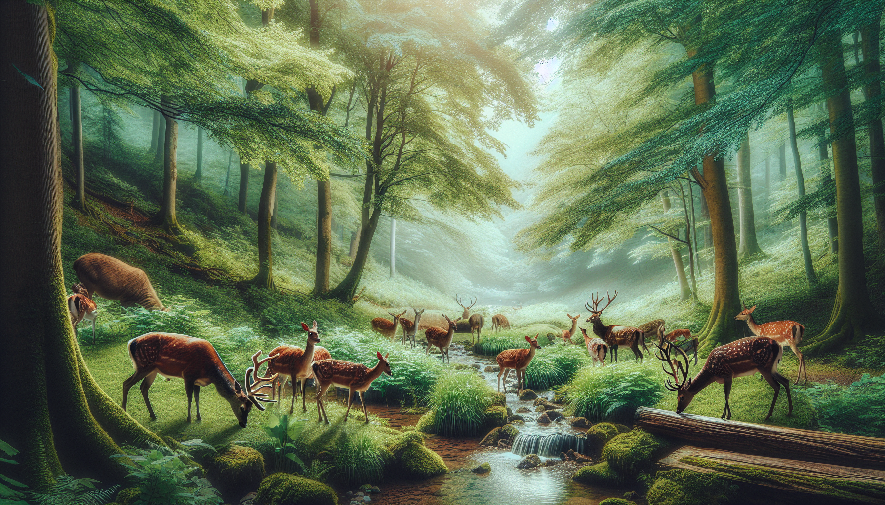 Create a professional wildlife photography image showcasing a picturesque scene of diverse wildlife predominantly focusing on deer for a nature-themed article. The scene should evoke the atmosphere of wildlife management and balance; It might feature a small group of deer calmly grazing amidst an abundant forest exemplifying thriving biodiversity and ensuring there is no evidence of humans around. Particularly, it should portray the serene cohabitation of different species in their natural habitat. Please exclude any text or brand logos from the image.