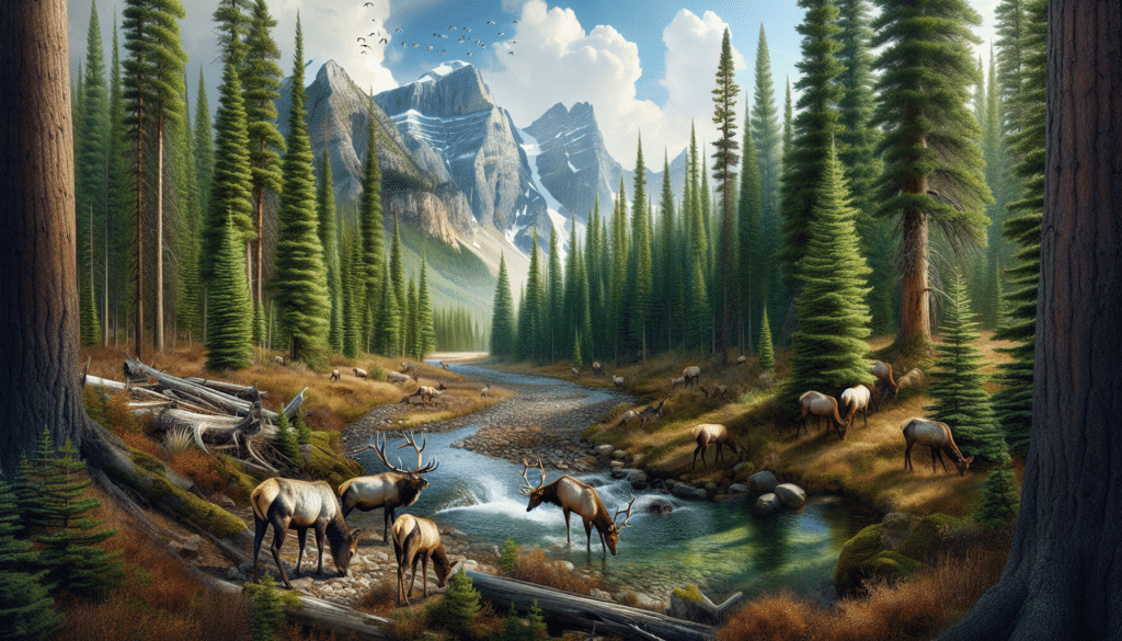 A gripping wildlife photography imagines a serene scene deep within the Montana wilderness. Tall, majestic, conifers make a green canopy over the landscape. A herd of deer and elk graze peacefully near a sparkling stream, their eyes alert and ears twitching at the sounds of the forest around them. The forest floor is a mix of earthy browns, the autumn leaves adding a pop of color. In the backdrop, towering mountains under a blue sky make for an imposing sight. This image excludes any trace of human activity, logos, brand names, text, and objects carrying text, reinforcing the untouched beauty of nature.