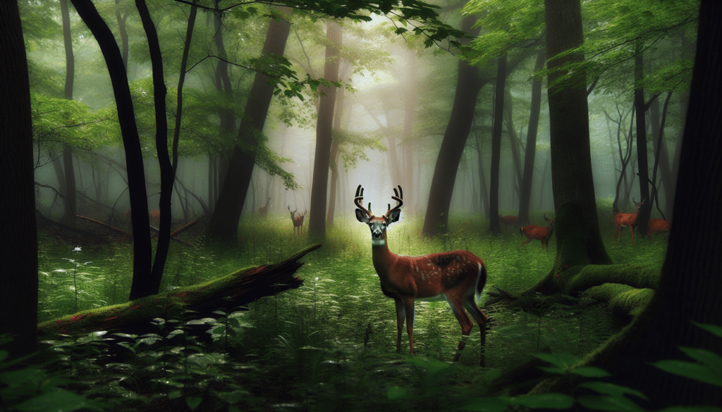 Generate a professional wildlife photography image capturing the serene yet vigilant energy of Ohio's dense forests as the deer population battles the Chronic Wasting Disease. The scene should feature deer in their natural habitat – perhaps a family of deer standing alert, or an individual deer gazing into the distance. The background should teem with the lush greenery of Ohio's woodland, alive with the diverse wildlife that frequents such environments, highlighting that this is a matter that affects the entire ecosystem. It is important not to include any humans, text, brand names, or logos in the picture to maintain a focus on the fight for survival in nature.