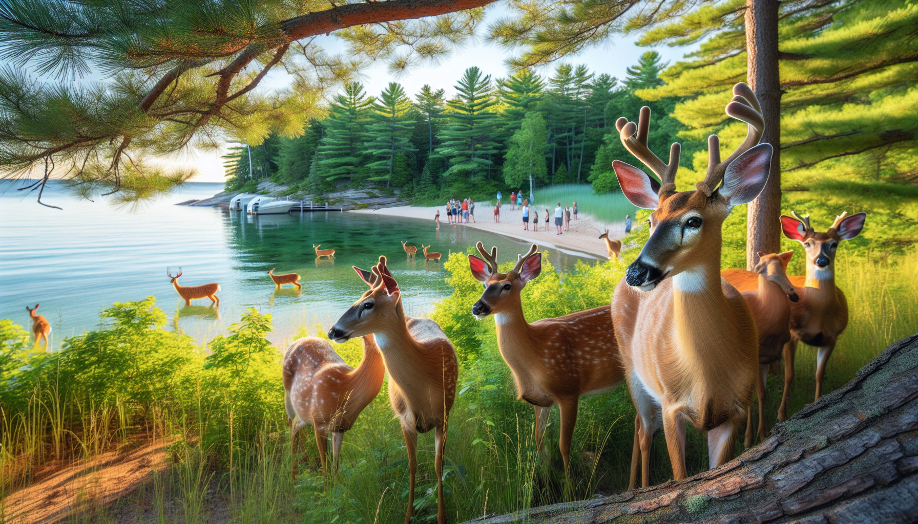 Produce an image that captures the allure of professional wildlife photography concentrated on antlerless deer at Beaver Island on Lake Michigan. The image should vividly capture the serene nature of the island with emphasis on deer leisurely exploring the island's dense forests or grazing by scenic banks of Lake Michigan. The deer should appear quite natural in their habitat, unperturbed by human presence, echoing the charm of wild, untouched nature. The image should not feature any people, text, brand names, or logos and should express the tranquility of wildlife on Beaver Island.