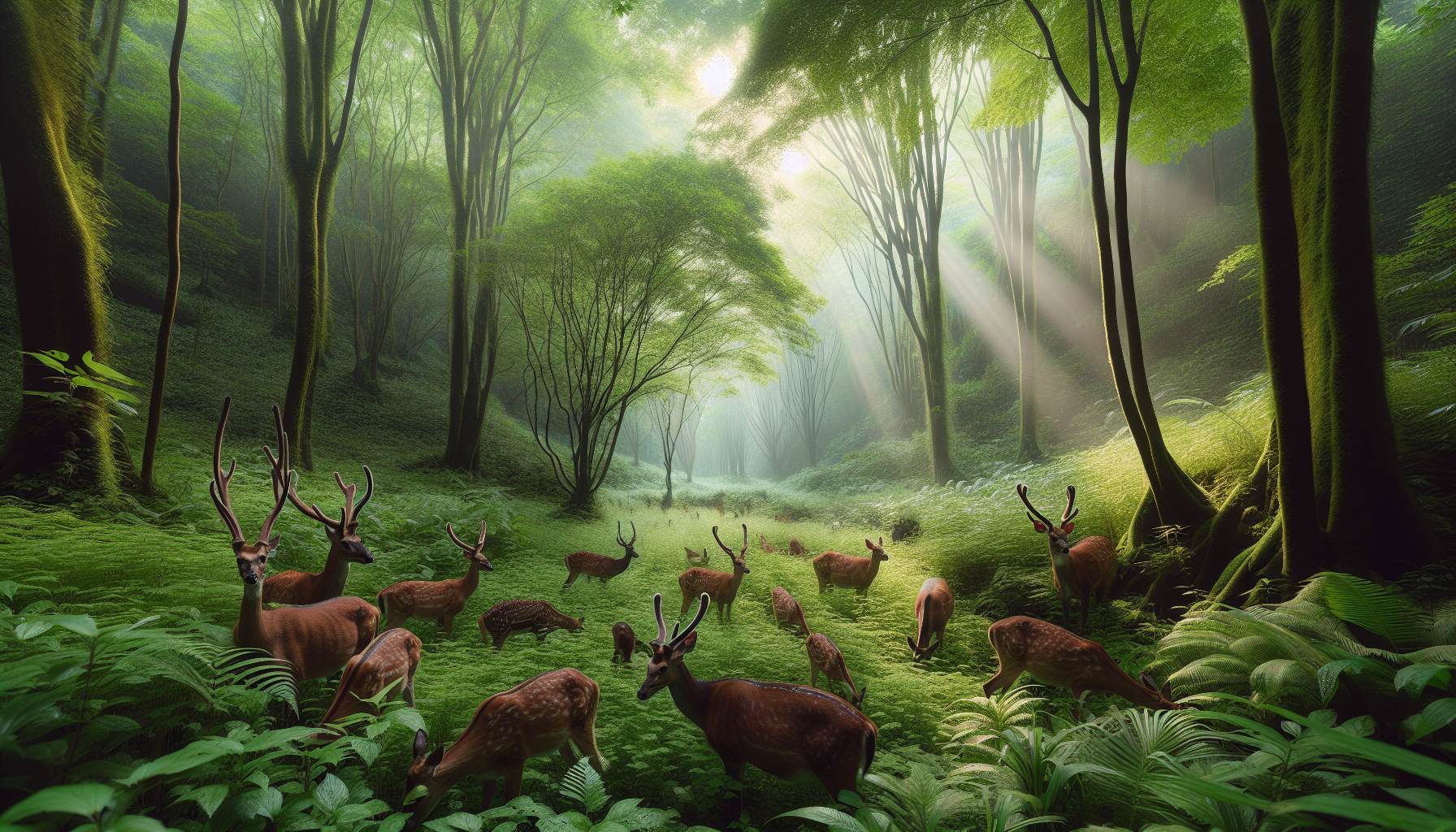 Craft a professional wildlife photography image intended for a journalistic piece. The visual focus should be on a lush, verdant forest, filled with healthy-looking deer calmly grazing amidst the dense vegetation. No hunters or people should be present, highlighting the serene connection between wildlife and their natural habitat. Avoid any presence of text, branding or logos in the representation to maintain a pure, untouched by human interference, wilderness setting.