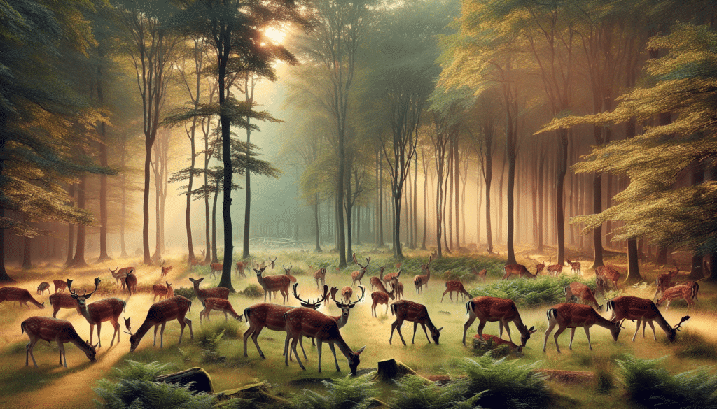 Generate a professional wildlife photography-themed image capturing a peaceful nature scene dominated by deer. The setting should be an idyllic forest, bathed in the soft light of dawn or dusk. Numerous deer of varying ages and sizes should be seen, grazing or interacting in their natural habitat. The perspective should capture their grace and elegance but reflect their vulnerability as well, hinting at the unseen threats they face. Ensure that the image has no brand names, logos, human figures, or any form of text, either within the image or on any items in the image.