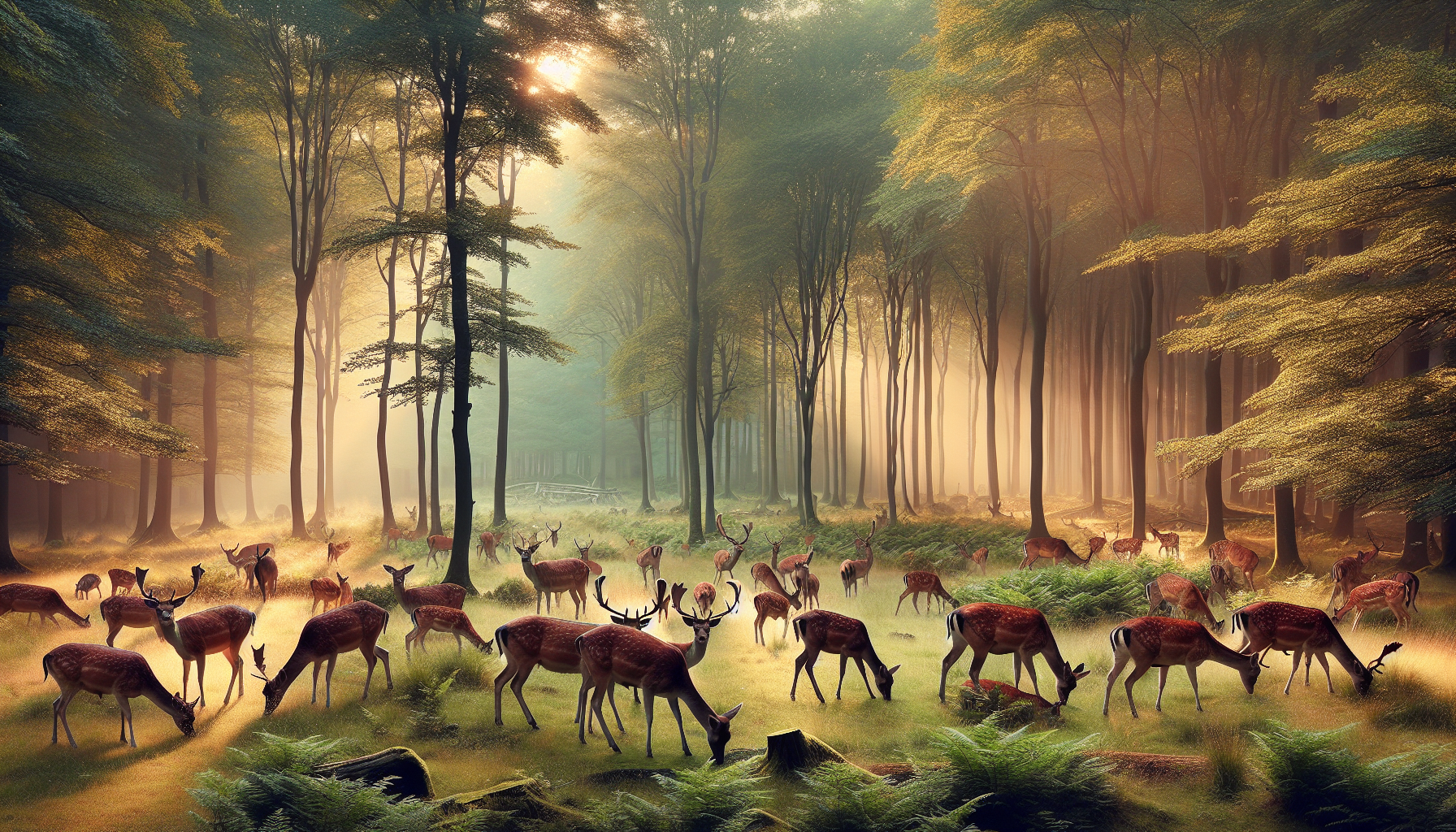 Generate a professional wildlife photography-themed image capturing a peaceful nature scene dominated by deer. The setting should be an idyllic forest, bathed in the soft light of dawn or dusk. Numerous deer of varying ages and sizes should be seen, grazing or interacting in their natural habitat. The perspective should capture their grace and elegance but reflect their vulnerability as well, hinting at the unseen threats they face. Ensure that the image has no brand names, logos, human figures, or any form of text, either within the image or on any items in the image.