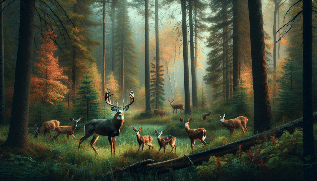 A scene of early morning wildlife activity in the forests of Minnesota to mark the beginning of the archery deer season. It's a wonderful tableau of nature, with tall trees piercing the sky, their leaves coloured by the fall. In the foreground, a family of deer cautiously ventures out into a clearing, their movements graceful and calculated. The powerful, majestic stag, with antlers spread wide, stands sentinel, while the doe and young fawns feed peacefully on the green, dew-drenched grass. The quiet surrounding is bursting with vibrant, untouched wildlife during this fascinating season. Various elements of nature and wildlife are captured in a professional, photographic style, without the inclusion of any humans, texts, or brands.