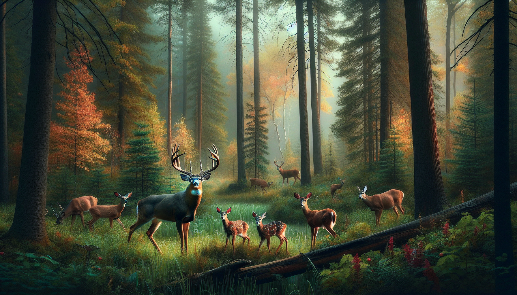 A scene of early morning wildlife activity in the forests of Minnesota to mark the beginning of the archery deer season. It's a wonderful tableau of nature, with tall trees piercing the sky, their leaves coloured by the fall. In the foreground, a family of deer cautiously ventures out into a clearing, their movements graceful and calculated. The powerful, majestic stag, with antlers spread wide, stands sentinel, while the doe and young fawns feed peacefully on the green, dew-drenched grass. The quiet surrounding is bursting with vibrant, untouched wildlife during this fascinating season. Various elements of nature and wildlife are captured in a professional, photographic style, without the inclusion of any humans, texts, or brands.