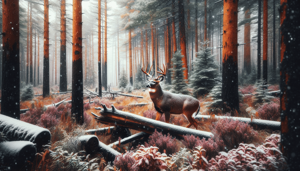 A vivid wildlife photography featuring a scene deep in the Michigan woods, during a light snowfall. In this forest landscape, a proud and strong deer is captured in the foreground, its coat glistening with snowflakes, as it elegantly navigates the terrain. Its resilience is tangible despite the challenging conditions, embodying the spirit of survival in the face of adversity. Surrounding the deer, the atmosphere is serene yet vibrant with life, showcasing the diverse flora, snow-covered pine trees, and the less obvious traces of other forest creatures. The image is devoid of human presence, brand names, logos, and in-image text, focusing solely on the beauty of wildlife and nature.