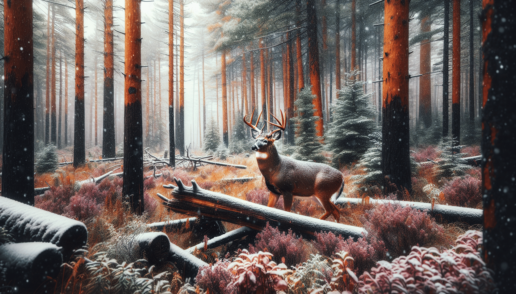 A vivid wildlife photography featuring a scene deep in the Michigan woods, during a light snowfall. In this forest landscape, a proud and strong deer is captured in the foreground, its coat glistening with snowflakes, as it elegantly navigates the terrain. Its resilience is tangible despite the challenging conditions, embodying the spirit of survival in the face of adversity. Surrounding the deer, the atmosphere is serene yet vibrant with life, showcasing the diverse flora, snow-covered pine trees, and the less obvious traces of other forest creatures. The image is devoid of human presence, brand names, logos, and in-image text, focusing solely on the beauty of wildlife and nature.