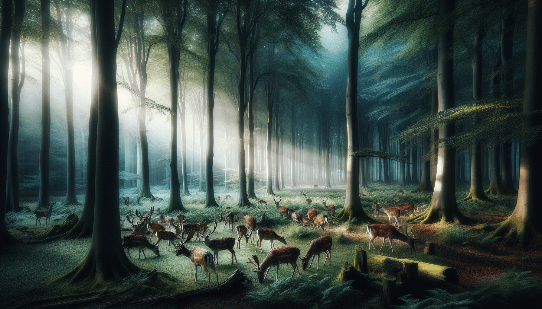 An image capturing an impressive wildlife scene that is suited for an article focusing on strategies to safeguard harvested deer and their meat quality. There are no humans or man-made items present in the picture. Instead, the serene woodlands are the main focus. The light of dawn filters through an ancient forest, casting a glow over a herd of deer quietly grazing in a clearing, their sleek coats shimmering subtly. No brands, logos, or texts are visible in the image, only the raw, natural beauty of the forest and its inhabitants. The aura of the scene reflects the pristine condition of nature and the detailed attention given to managing wildlife responsibly.
