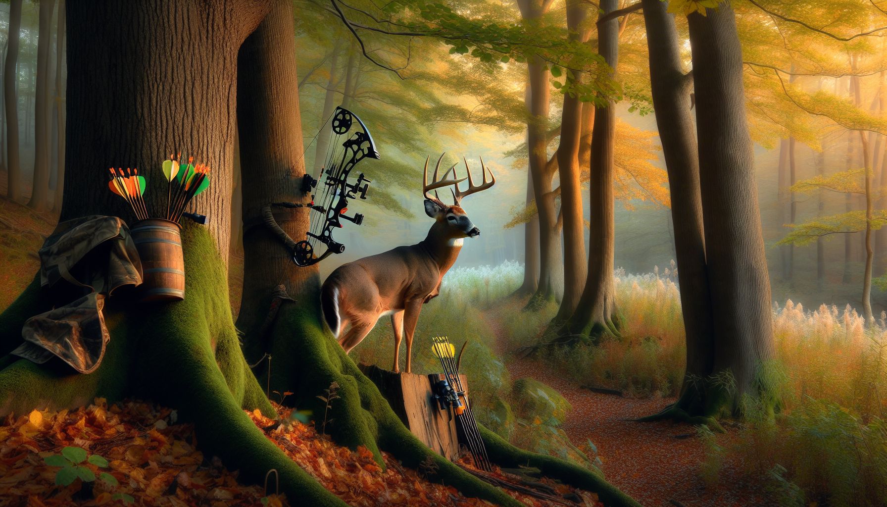 An evocative image that encapsulates the essence of professional wildlife photography for the onset of New York State's archery deer season launching. We see a typical woodland scene, with mature trees shimmering in the soft autumnal light. A white-tailed deer, with a spectacular set of antlers, is perfectly framed amongst the foliage, showcasing an ideal example of the season's natural beauty. Furthermore, archery gear like bows, arrows, and a quiver discreetly set against tree trunks hint subtly at the hunting season. This picture, free from human presence, logos, brand names, products, and text, embodies the tranquility of nature and the lifecycle within it.