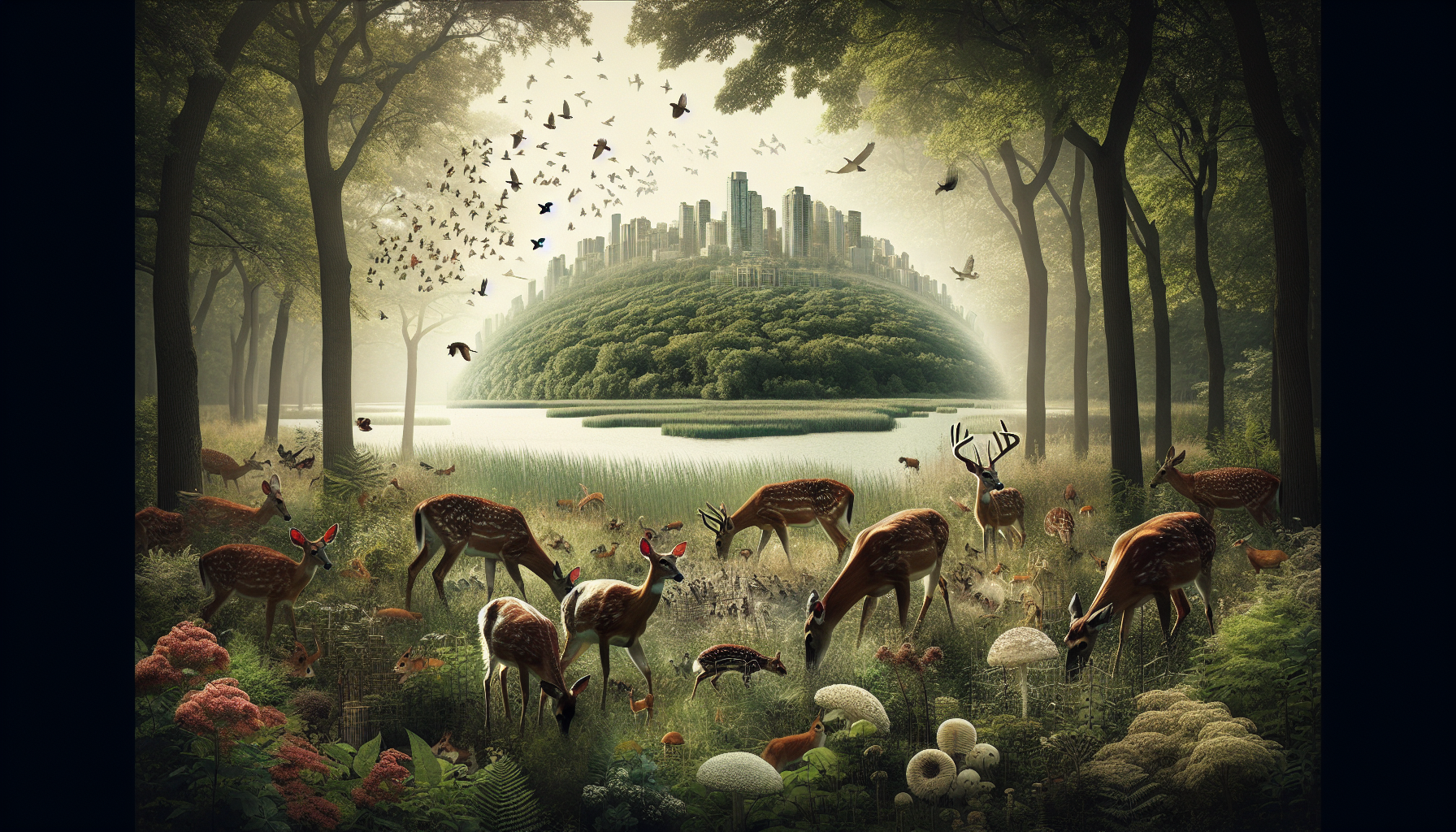An evocative image encapsulating the essence of wildlife management, with the focus on a family of deer blissfully grazing in their natural habitat within a Metro park. In the backdrop, the subtle implications of the 'Sharpshooter Deer Management' can be seen in the form of well-balanced biodiversity. A meticulously controlled ecosystem thriving with diverse vegetation, birds scattered across the sky, and small critters like squirrels darting among the trees; all under the watchful, yet serene gaze of the deer. This imagery should not contain any brand names, logos, or human presence, and all text should be absent from the image.