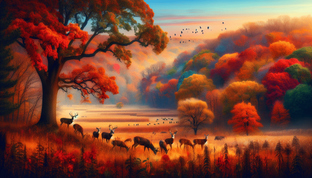 A vivid scene of Iowa's wildlife during deer hunting season, captured in the style of professional wildlife photography. The landscape is beautifully adorned with trees in full autumn colors of orange, red, and gold. Among this palette of fall colors, a group of deer are grazing peacefully in the natural wilderness. Various species of birds are spotted dotting the clear blue sky. Since its hunting season, there is a subtle but tangible tension that all creatures of the wild share. Remember, no human figures, brand names, or logos are to appear in the image. The image captures the essence of wildlife while observing the details of each animal amid the stunning nature scenes.
