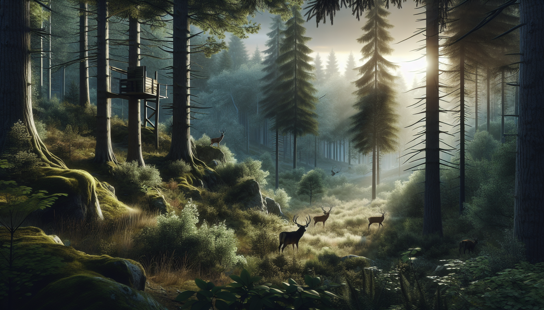 Illustrate a serene forest landscape abundant with wildlife, focusing primarily on deer inhabiting the area. The terrain is rugged with a lot of greenery and different trees. It's early morning, and the rays of the rising sun are penetrating through the dense forest canopy, creating a mystical ambiance. Ensure to capture a sense of nature's vastness and the raw beauty of wildlife. Depict an empty tree stand subtly, as a thematic element to envision the notion of deer hunting. No human figures, text, brand names, or logos should be included within this naturalistic scene.