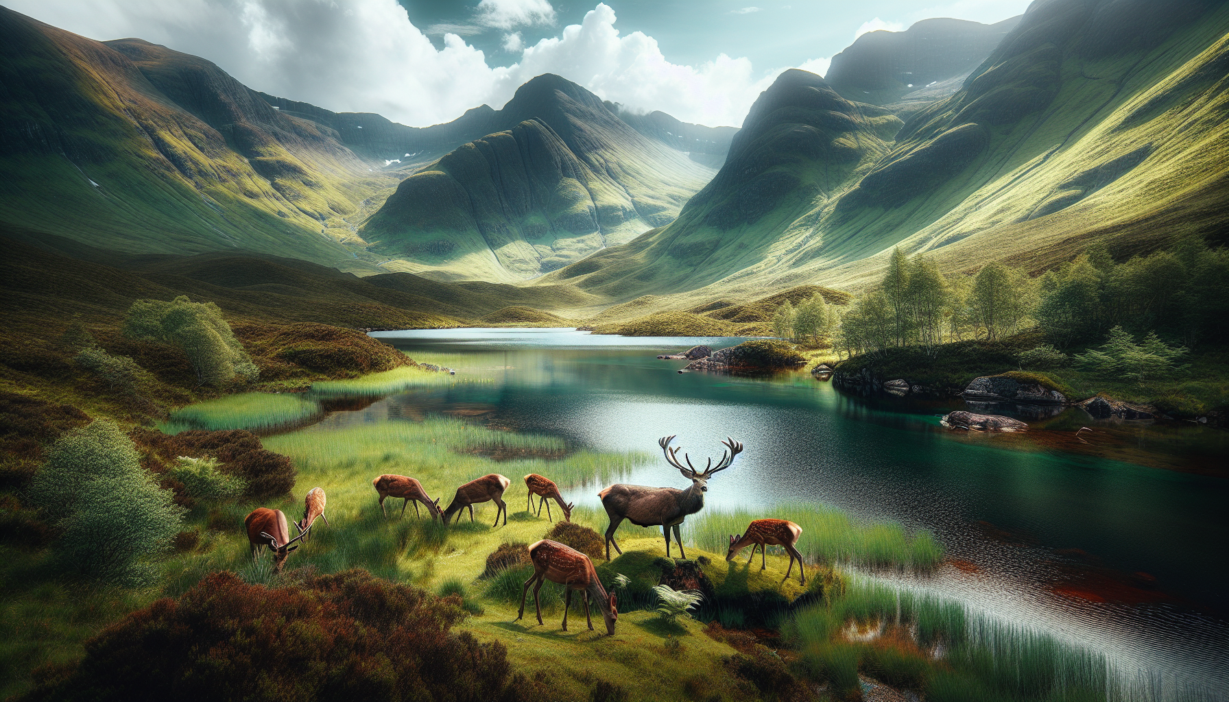 A serene wildlife scene found in the highlands. A group of majestic deer are gathered around a natural, tranquil lake, with rugged mountain tops encapsulating the landscape in the backdrop. The deer, majestic as they are, are grazing serenely on the verdant grass by the lake. The crisp, clear water in the lake reflects the lush, verdant, flora that surrounds it. The scene is open, unspoiled, completely devoid of human presence or influence. It's a pure, unfiltered view of nature in its most peaceful forms. There are no brand names, logos, text, or humans in the image; just wildlife and nature in harmony.
