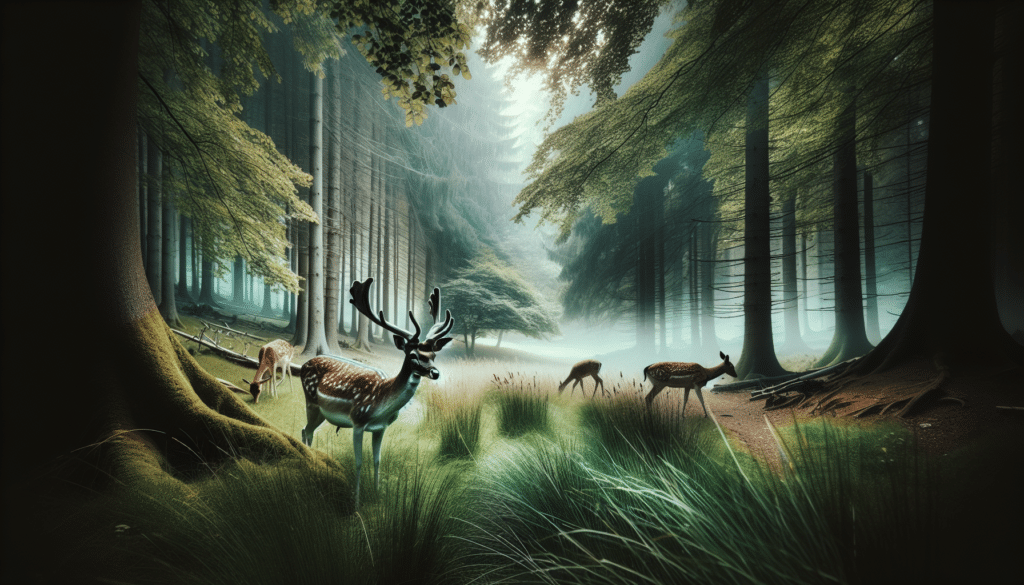 Generate a professional wildlife photograph depicting a serene nature scene focusing on White-Tailed deer. The image should visually express the environment of a White-Tailed deer including forests, meadows, or fields, possibly with the deer foraging for food or interacting with each other, emphasizing the beauty and resilience of the species. Please, avoid including human elements, such as people, or manufactured items and also exclude branding, logos, or text from the image.