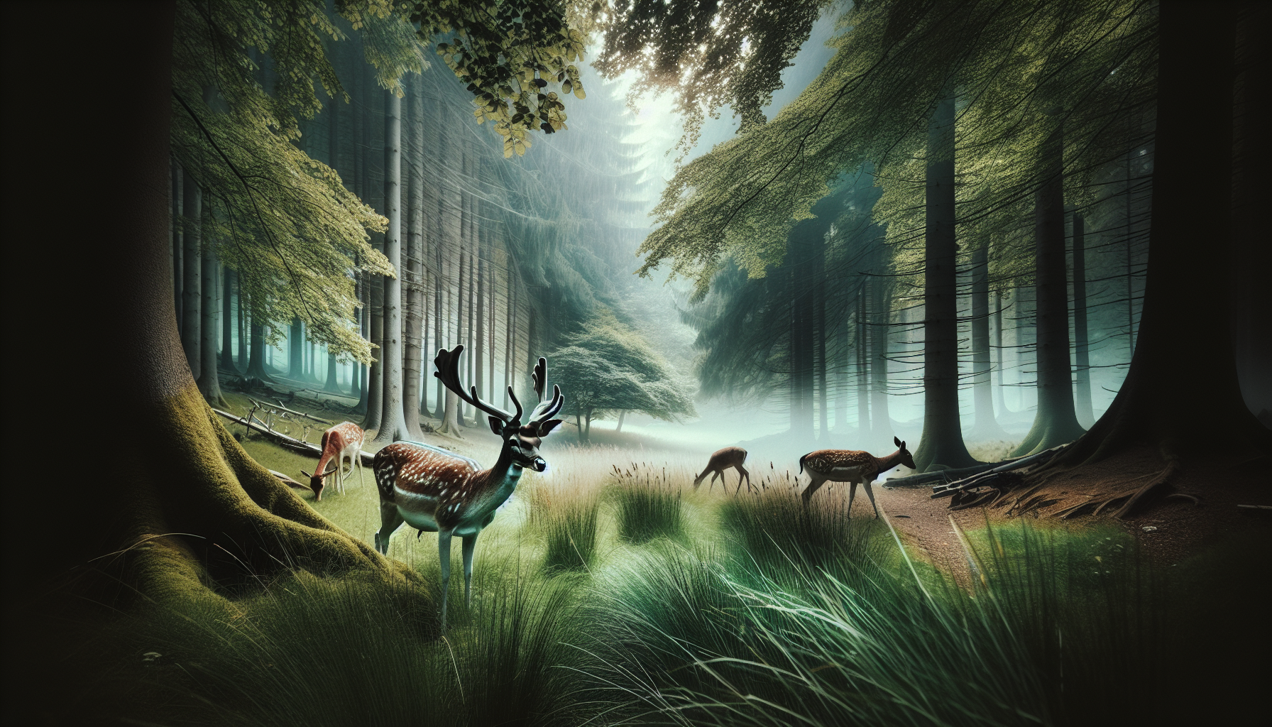 Generate a professional wildlife photograph depicting a serene nature scene focusing on White-Tailed deer. The image should visually express the environment of a White-Tailed deer including forests, meadows, or fields, possibly with the deer foraging for food or interacting with each other, emphasizing the beauty and resilience of the species. Please, avoid including human elements, such as people, or manufactured items and also exclude branding, logos, or text from the image.