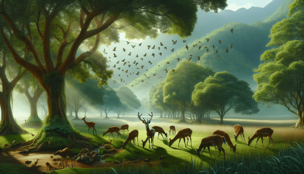 Craft an image that would serve as an excellent visual representation of professional wildlife photography for an article relevant to deer management and wildlife conservation. Place the emphasis on a serene nature scene filled with lush greenery. A herd of deer should be the centerpiece, grazing in a peaceful meadow, surrounded by verdant trees and chirping birds, showing a holistic ecosystem. Ensure the picture evokes an aura of tranquility and harmony, reflecting the essence of wildlife conservation. Maintain authenticity without including any human presence, text, brand names, or logos.